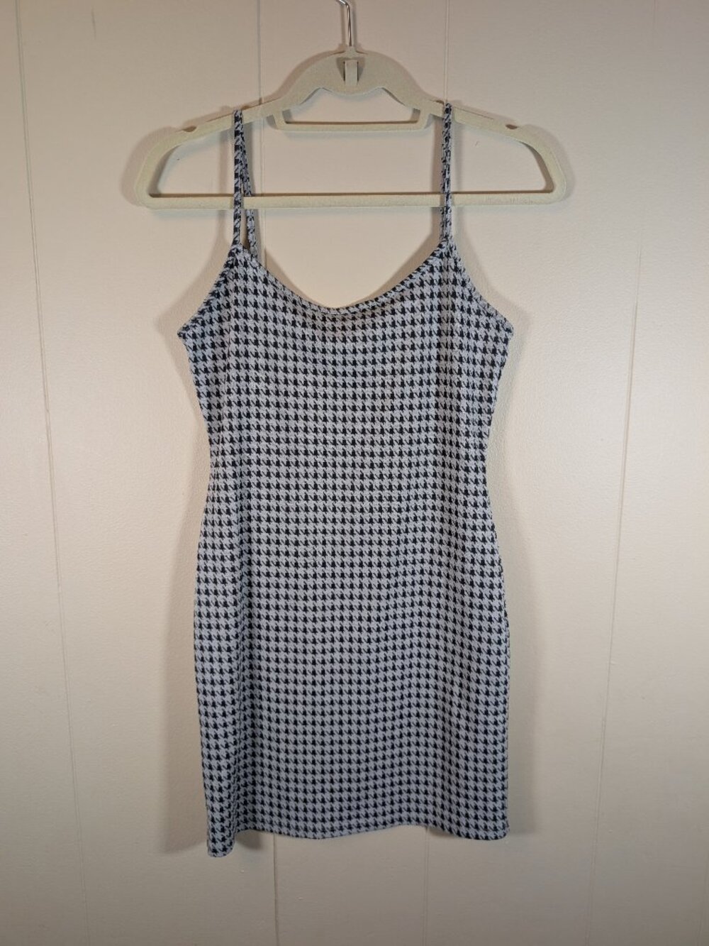 Y2K Popular 21 Houndstooth Mini Dress M Bodycon Spaghetti Strap Black Gray
